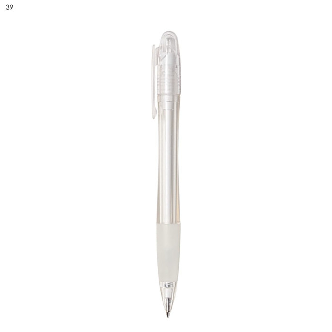 A plastic pen with a transparent barrel, silver accents, and a white grip, featuring a clip and a branding logo.