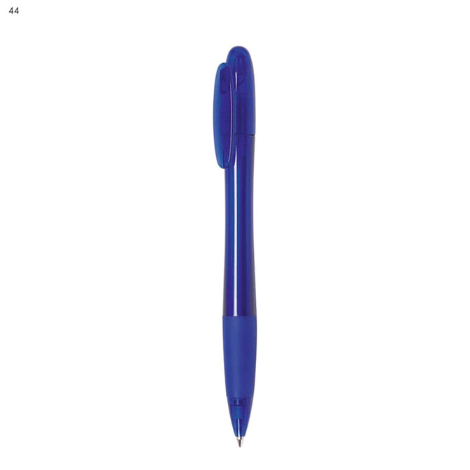 A blue plastic pen with a sleek design and a cap. It features a logo on its body.