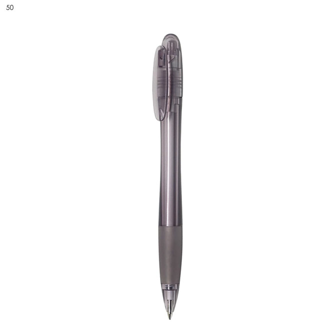 A plastic pen in transparent grey with a dark grey grip. The pen features a clip and has a logo.