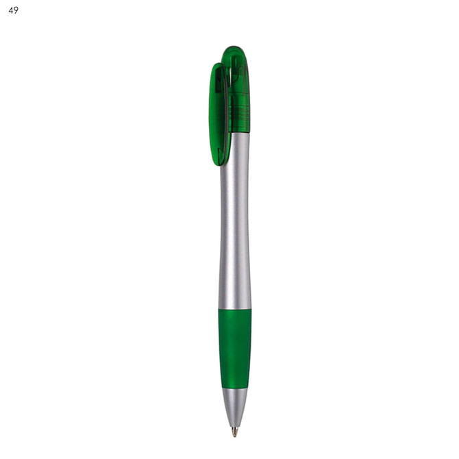A plastic pen featuring a silver body with green accents and a clip. It has a sleek, modern design and a logo.