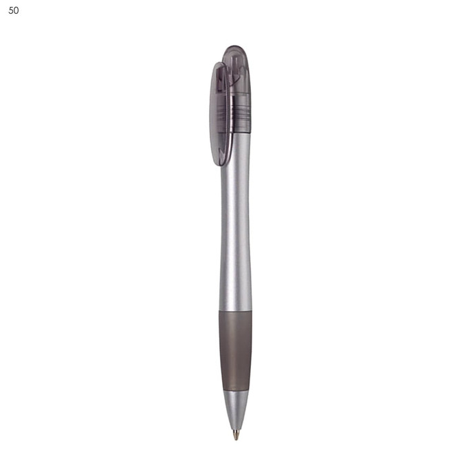 A plastic pen in silver with a dark grey grip, featuring a clip and a logo on the body.