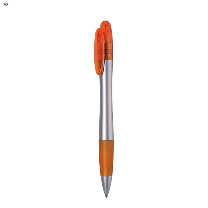 A plastic pen with a silver barrel and orange accents, featuring a transparent orange clip.
