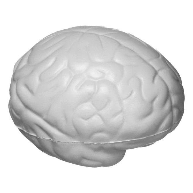 A stress ball shaped like a brain, in a light grey colour, featuring a detailed texture.