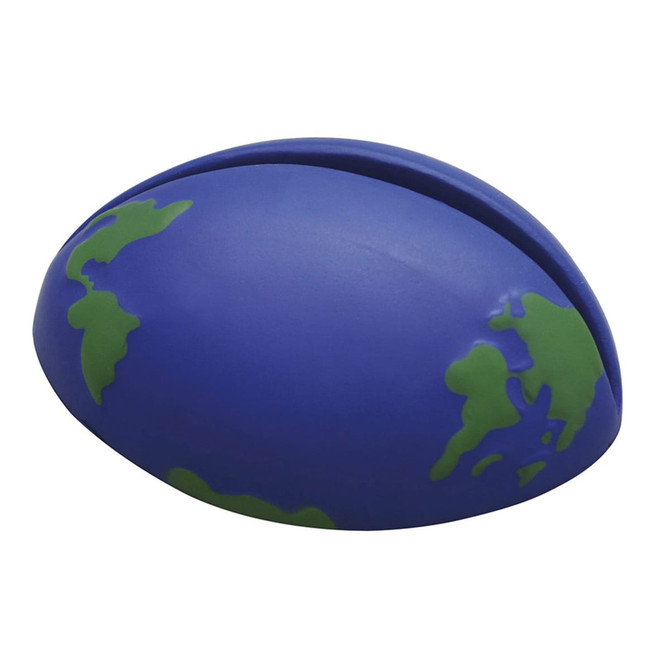 A blue stress holder shaped like the Earth, featuring green continents. It has a smooth, rounded design and includes a logo.