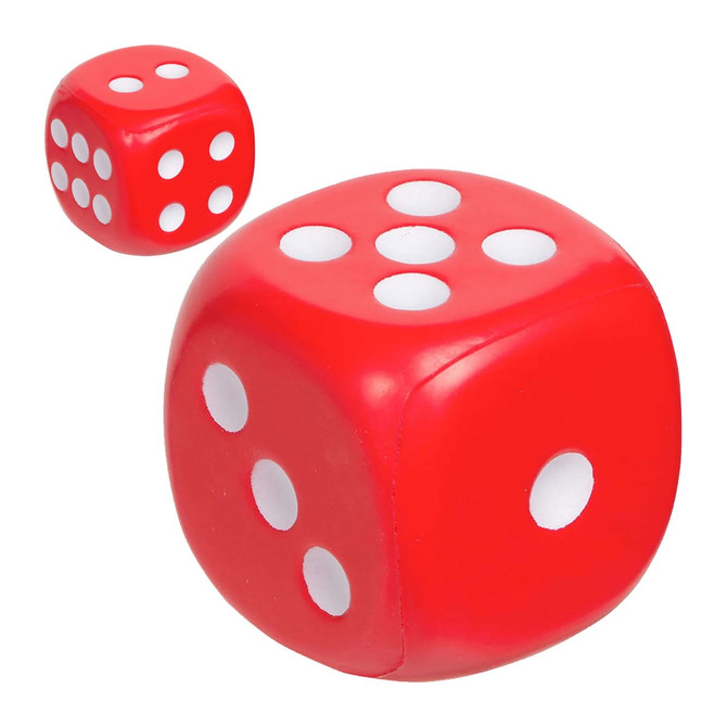 Two red stress dice, one larger and one smaller, featuring white dots on each face. The image includes a logo.