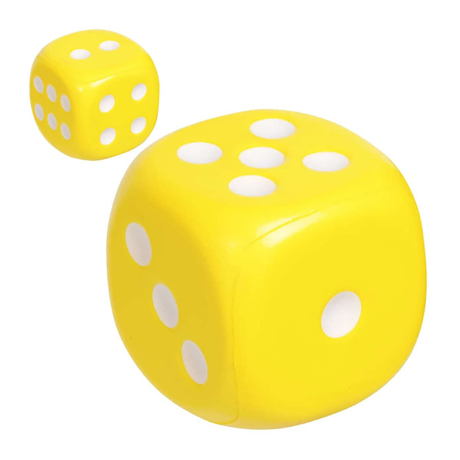 A pair of yellow stress dice, one larger and one smaller, featuring white dots on each face.