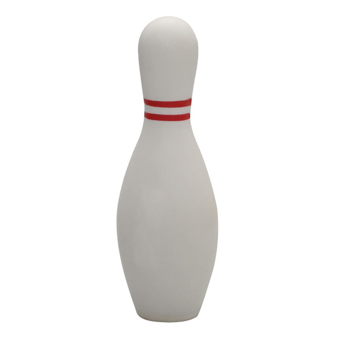 A white stress bowling pin with red stripes, featuring a logo on the front.