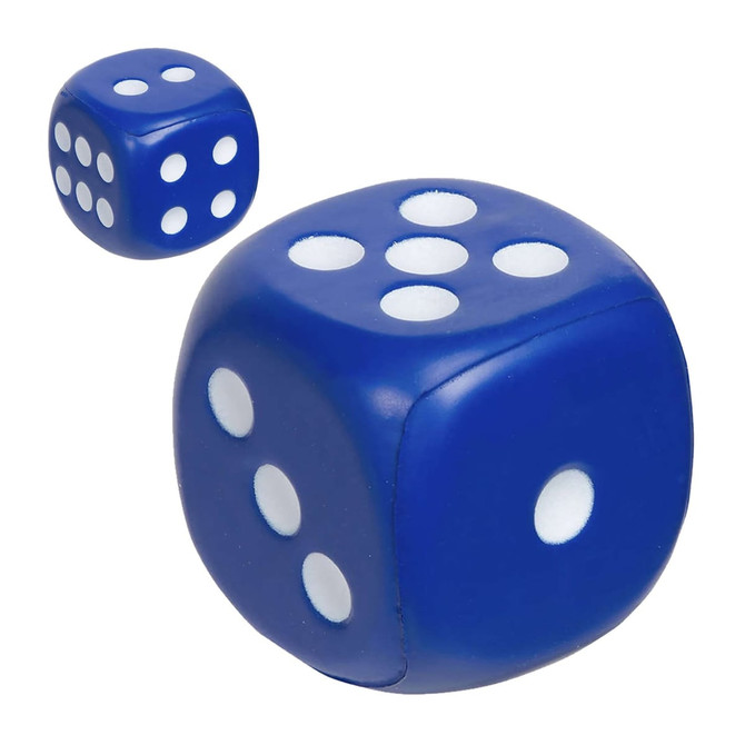Two large blue stress dice with white pips are displayed. One die is larger than the other.