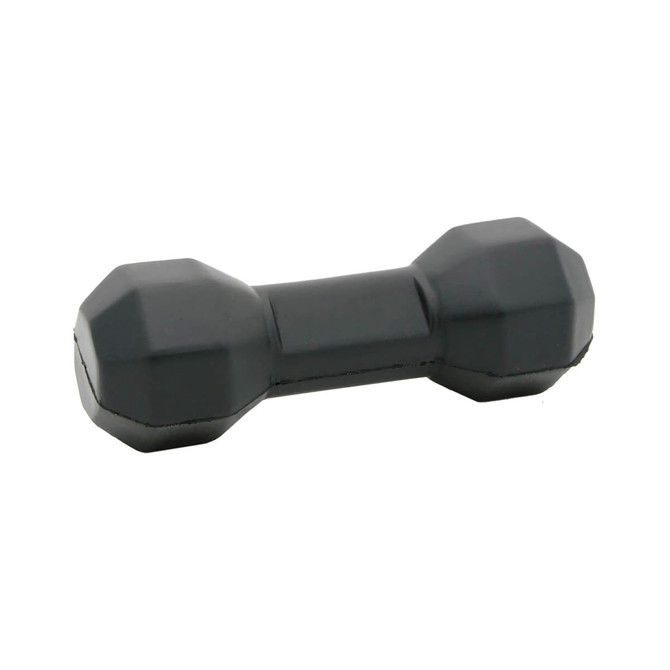 A black stress dumbbell with a geometric design, featuring a compact and portable shape.