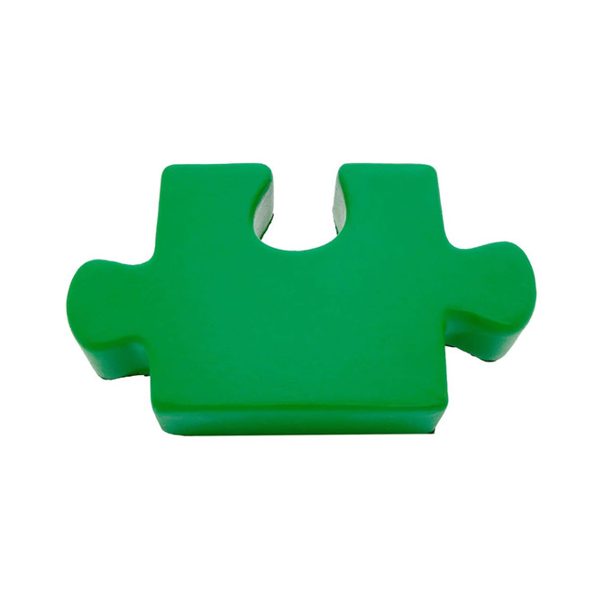 A green jigsaw puzzle piece with a smooth surface, featuring a distinctive connector shape. It has a logo.