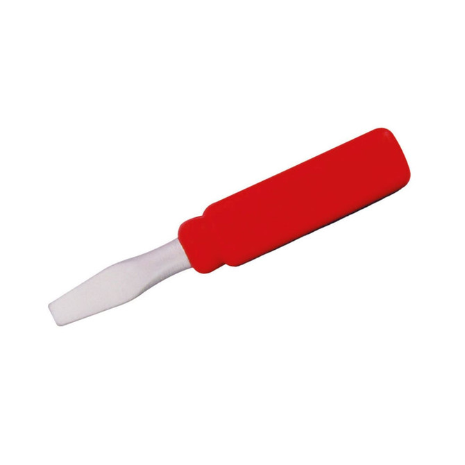 A red stress screw driver with a silver tip, designed for fun and stress relief. It features a logo on the handle.