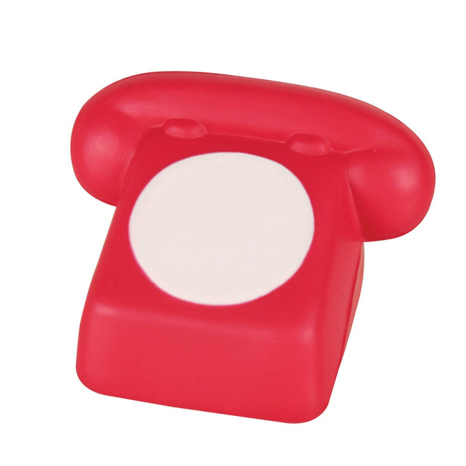 A red stress telephone shaped like a classic phone, featuring a white circular centre and a rounded handle.