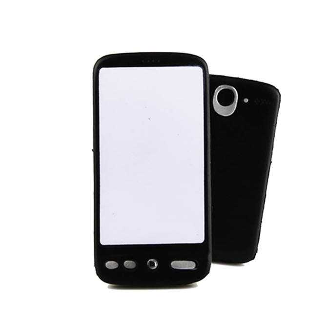 A black stress mobile phone shaped stress toy with a smooth surface and a simple design featuring a blank screen.