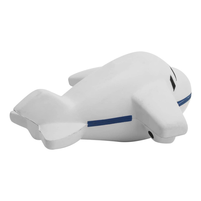 A white stress toy shaped like an aeroplane with blue details and a simplistic design, featuring a branding logo.