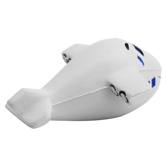 A white stress toy in the shape of a small aeroplane, featuring blue accents and a simple design.
