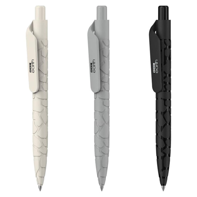 A set of three plastic pens in white, grey, and black, featuring a textured design and a logo on the clip.