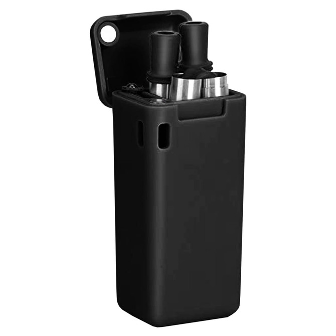 A foldable metal straw in a compact black storage case featuring a logo.