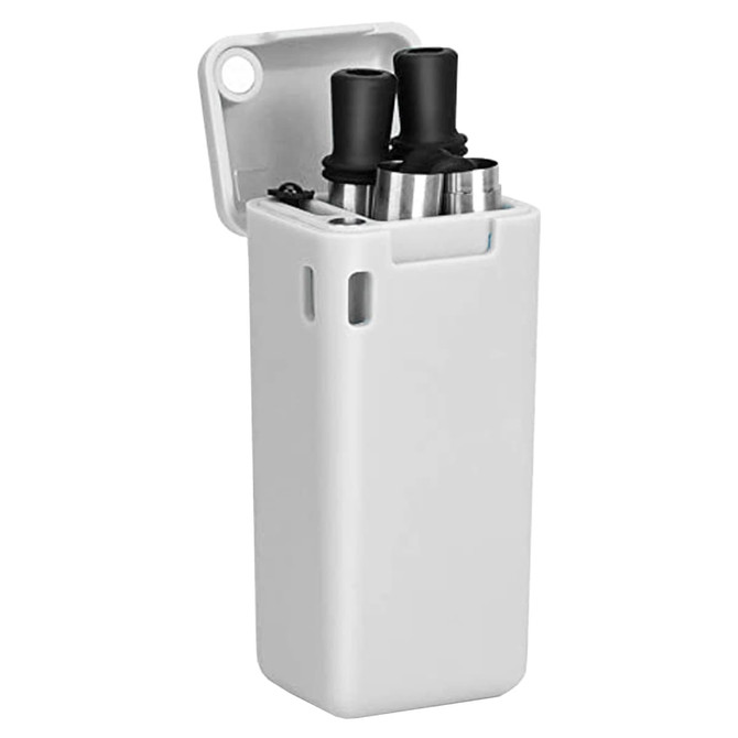 A foldable metal straw in a white case, with two black straws stored neatly inside. The case has a lid.