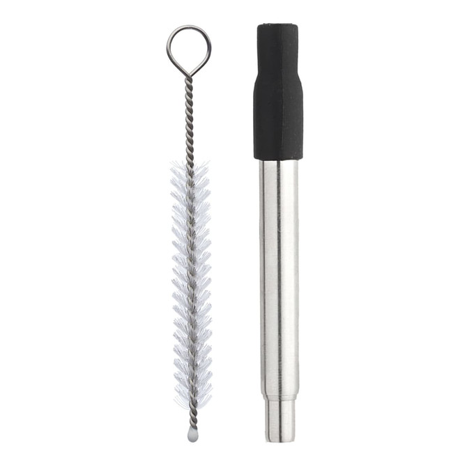 A retractable metal straw in silver with a cleaning brush, featuring a black silicone tip and a loop for attachment.