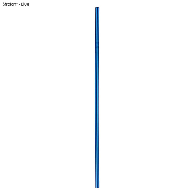 A blue stainless steel drinking straw measuring 6mm x 266mm, featuring a logo.
