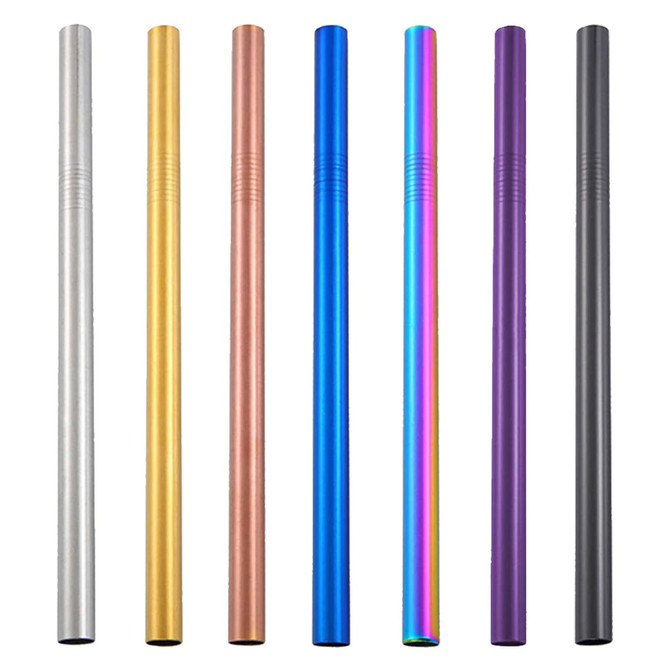 A set of stainless steel drinking straws in silver, gold, rose gold, blue, rainbow, purple, and black, displayed in a row.