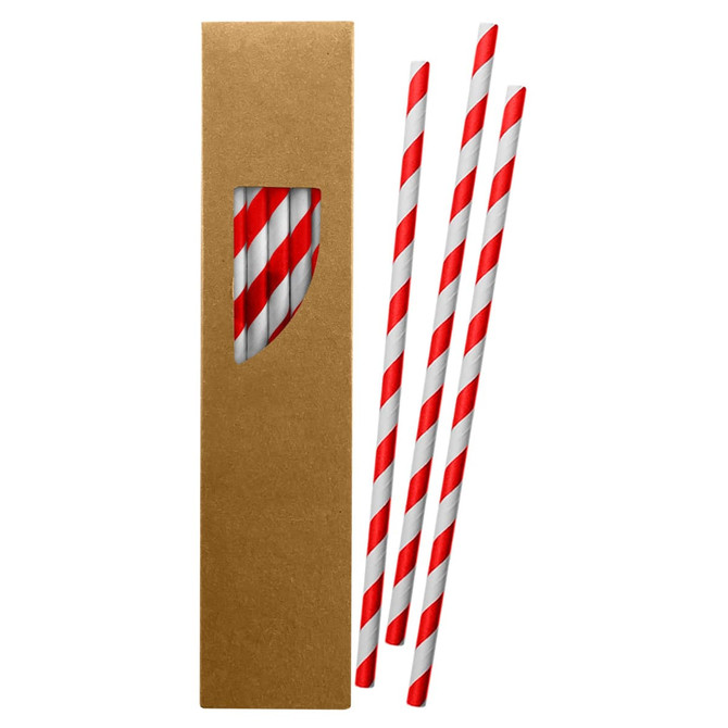 A cardboard box containing three red and white striped paper straws. The box features a cut-out window displaying the straws inside.