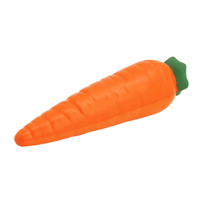 An orange carrot-shaped stress toy with a green top, designed for stress relief and fun.