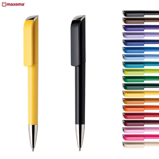 A range of plastic pens in various colours, including a yellow and black pen, with a logo in the corner.