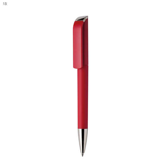 A red plastic pen with a sleek design and a silver clip, featuring a branding logo on the barrel.