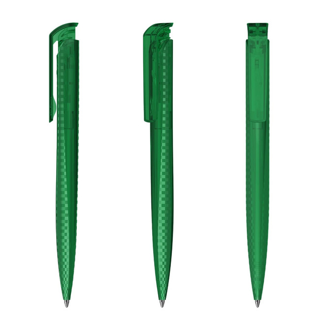 A set of three transparent green plastic pens with clips, featuring a sleek design and a shiny finish.