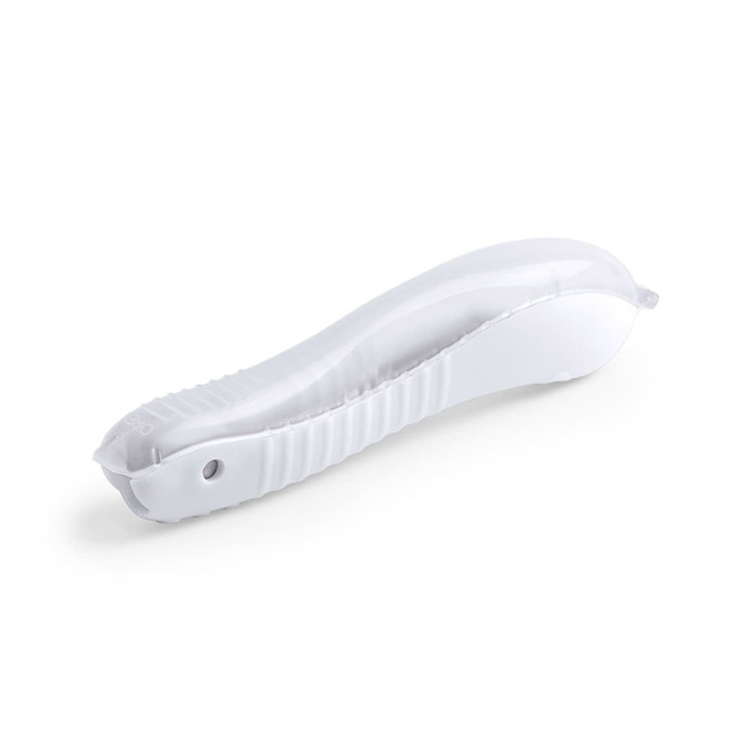 A white toothbrush with a curved handle, featuring a bristle head and a logo.