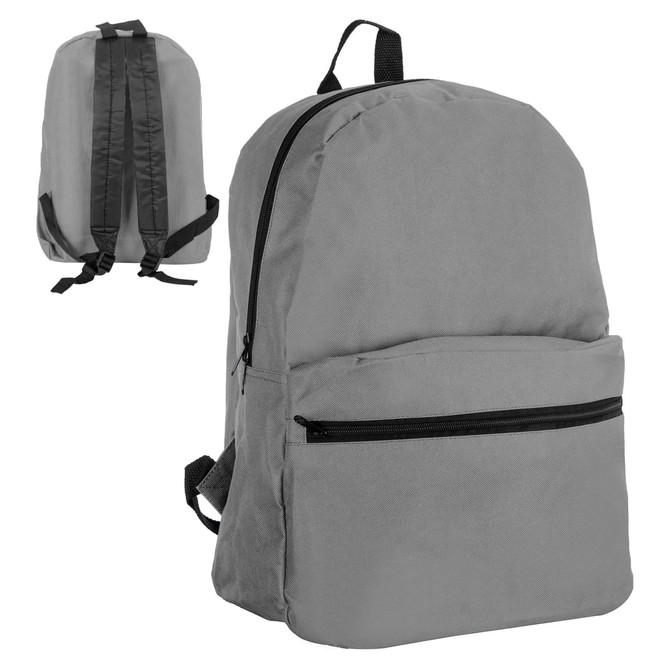 A grey backpack with a front pocket and adjustable straps, featuring a logo on the front.