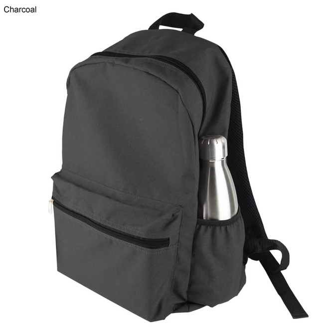 A charcoal backpack featuring a side pocket with a drink bottle and a front zipped pocket. It has a logo on it.