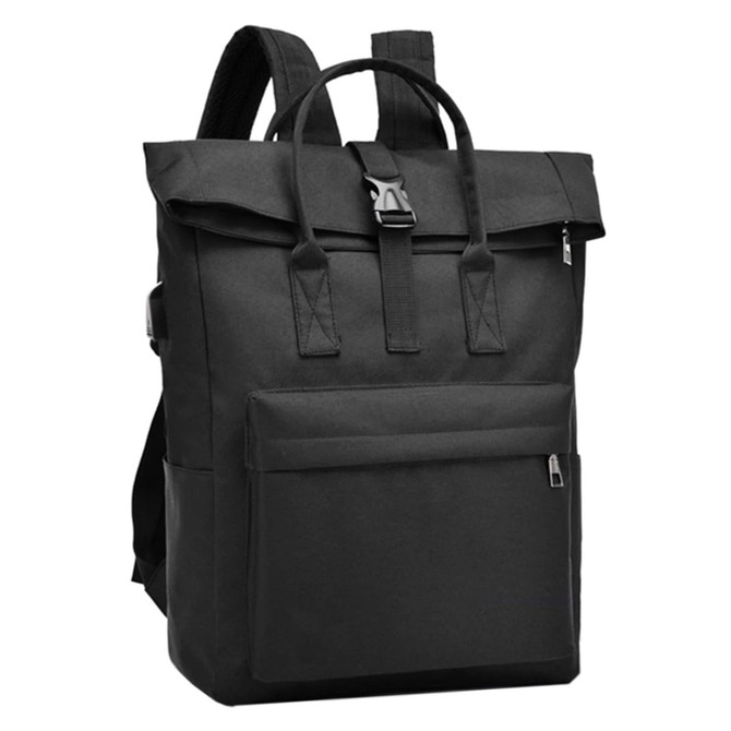 A black Adventure Laptop Backpack featuring a top flap, adjustable straps, and a front pocket. It has a logo on it.