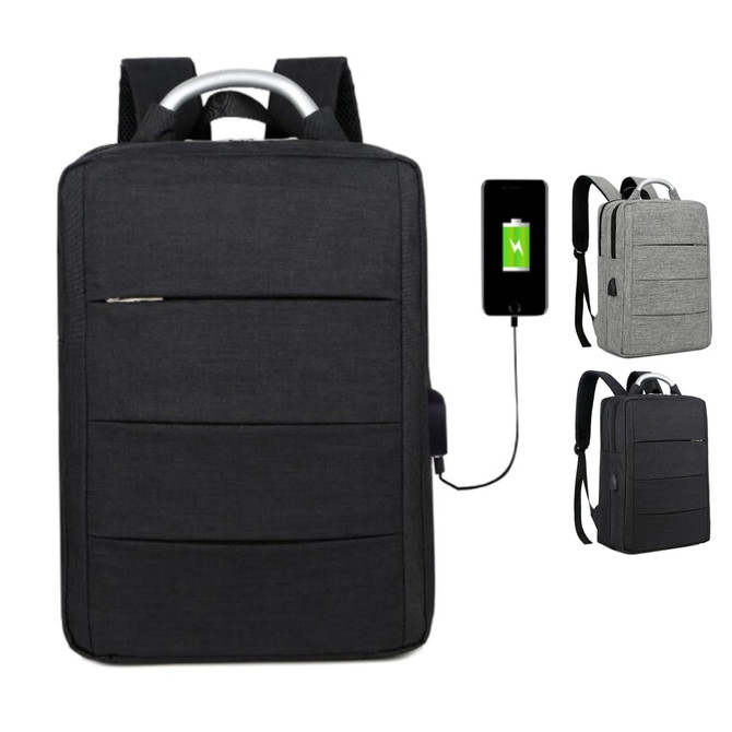 A black laptop backpack with multiple compartments and a charging port, alongside a grey version displayed.