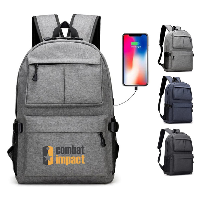 A grey laptop backpack with multiple compartments and a logo, featuring a charging port and adjustable straps.