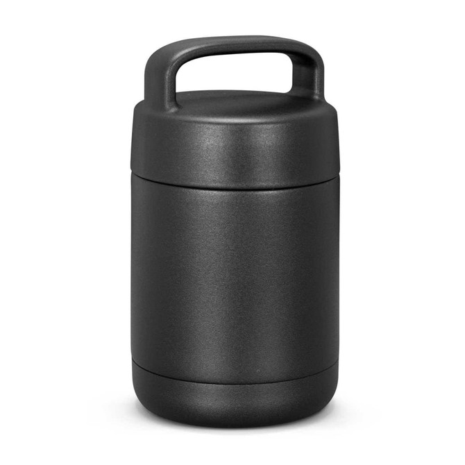 A drink bottle with a matte black finish and a handle, featuring a sleek, cylindrical design and a logo.