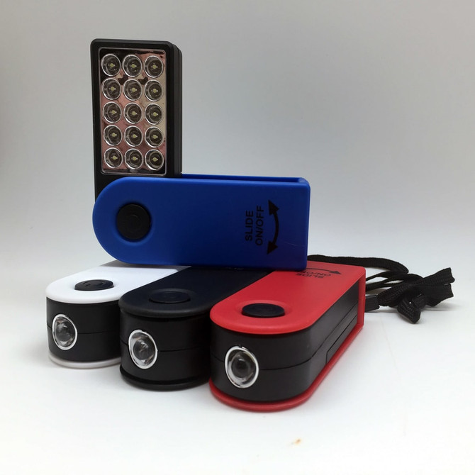 A 360 Degree Torch featuring red, black, white, and blue colours, with multiple LED lights and a slide switch.