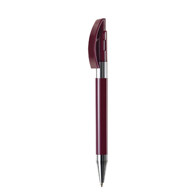 A burgundy metal pen with a sleek design and a silver clip. It features a branding logo on the barrel.