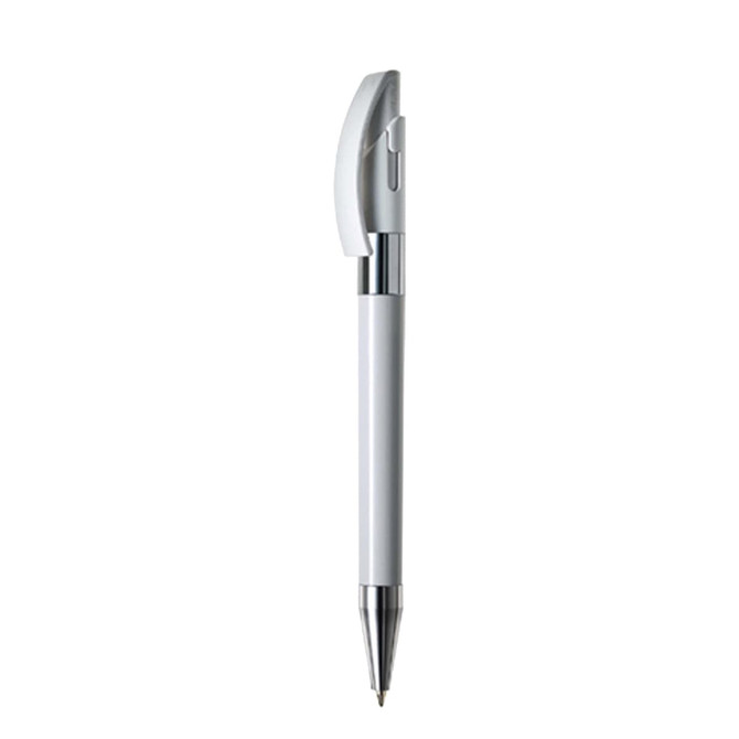 A white metal pen with a chrome clip and tip, featuring a smooth, sleek design and a logo on the body.