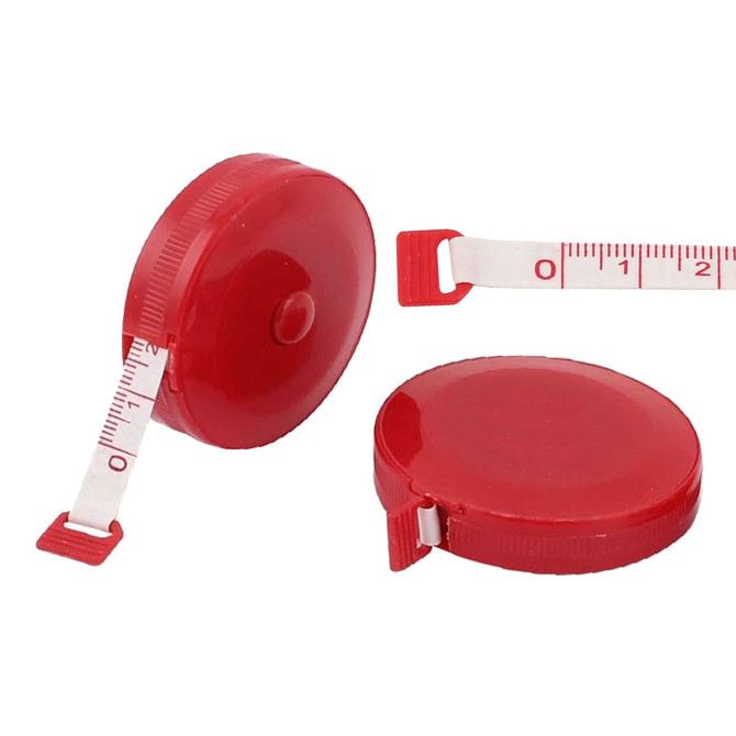 A red compact tape measure with a retractable white measuring tape marked in centimetres. It features a logo on the surface.