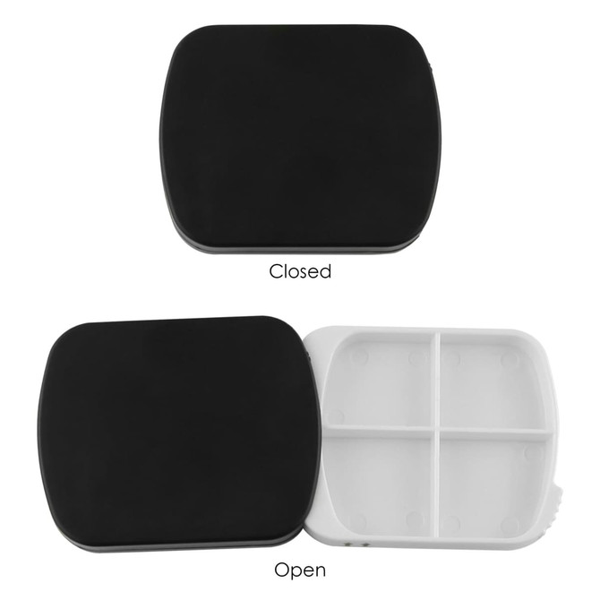 A spin pill box in black and white, featuring a closed lid and an open compartment with four sections.