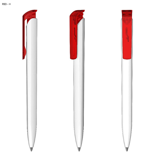 A plastic pen in white with a red clip, displayed from multiple angles. The pen features a sleek design and has branding.