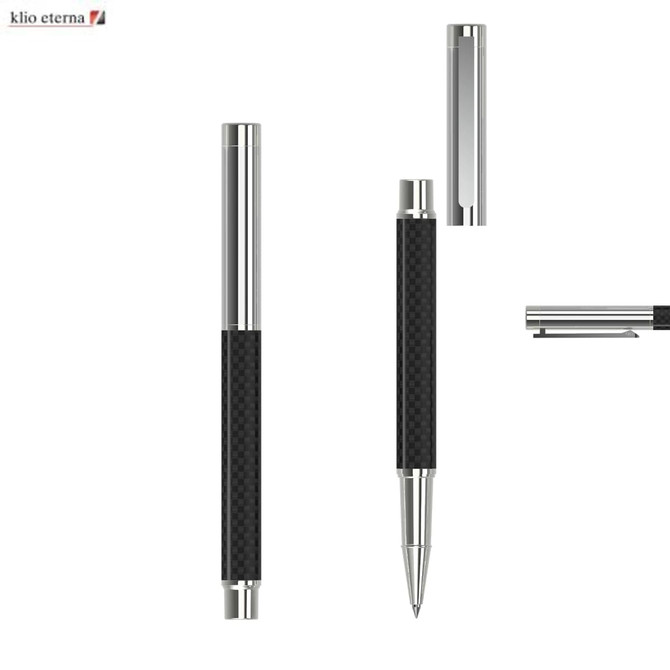 A metal rollerball pen in black with a textured grip and chrome accents, featuring a clip and a logo.