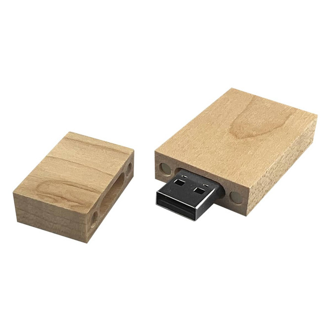 A bamboo USB flash drive in light wood colour, featuring a removable cap and a metal connector.
