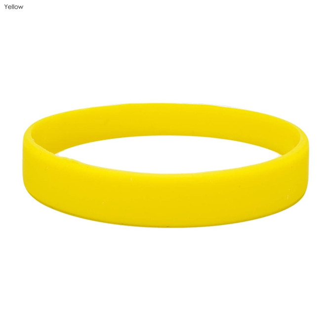 A yellow silicone wristband with a smooth finish and a circular shape. It features a branding logo.