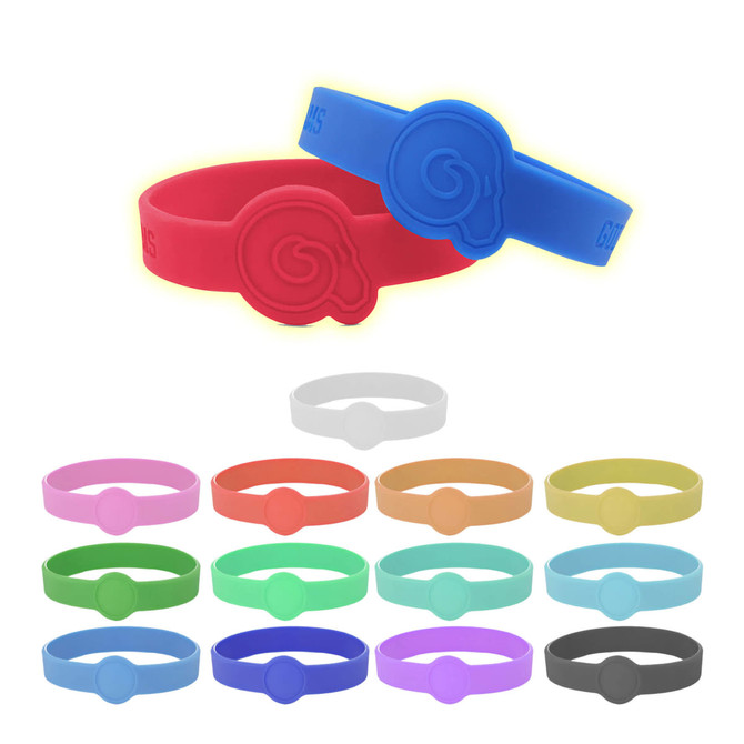 Two neon glow silicone wristbands in red and blue, alongside a variety of other coloured bands, displayed on a white background.