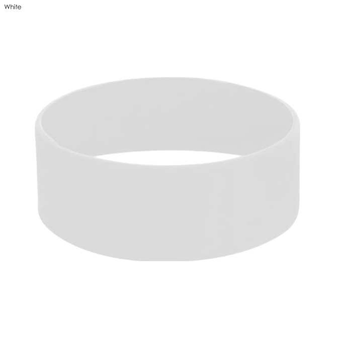 A large white silicone wristband with a smooth finish. It features a simple design and includes a logo.