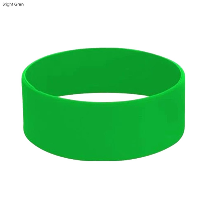 A bright green silicone wristband with a smooth surface and rounded edges, featuring a logo.