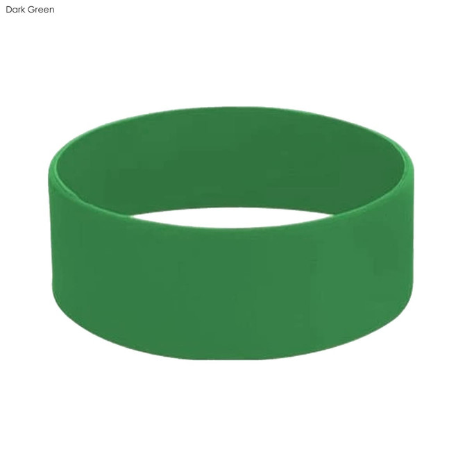 A dark green silicone wristband with a smooth, rounded design. It features a logo.